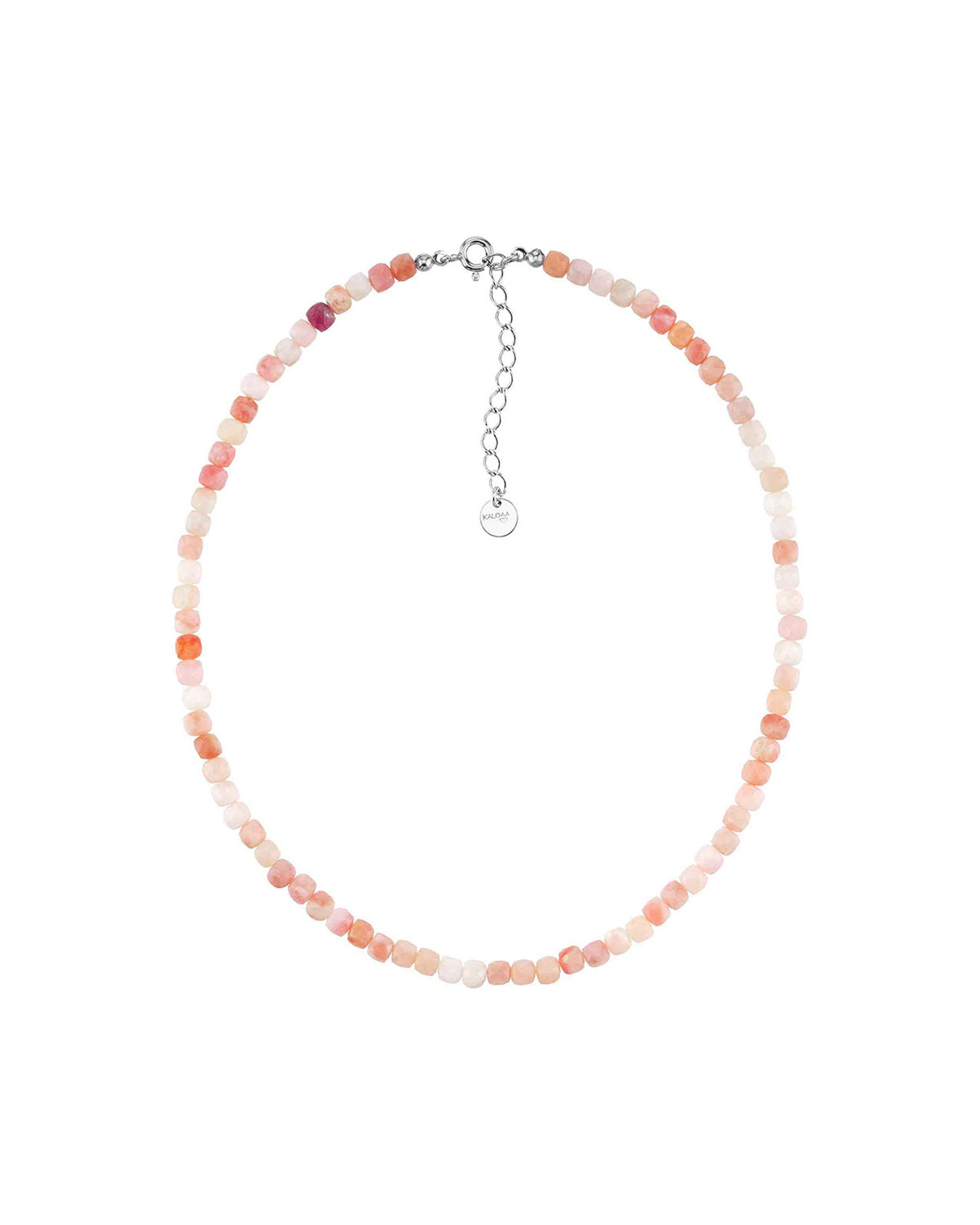 Rosa Opal Choker mit facettierten Edelsteinperlen in zarten Rosé- und Apricottönen sowie silbernen Verschluss und Verlängerungskettchen auf hellem Hintergrund.