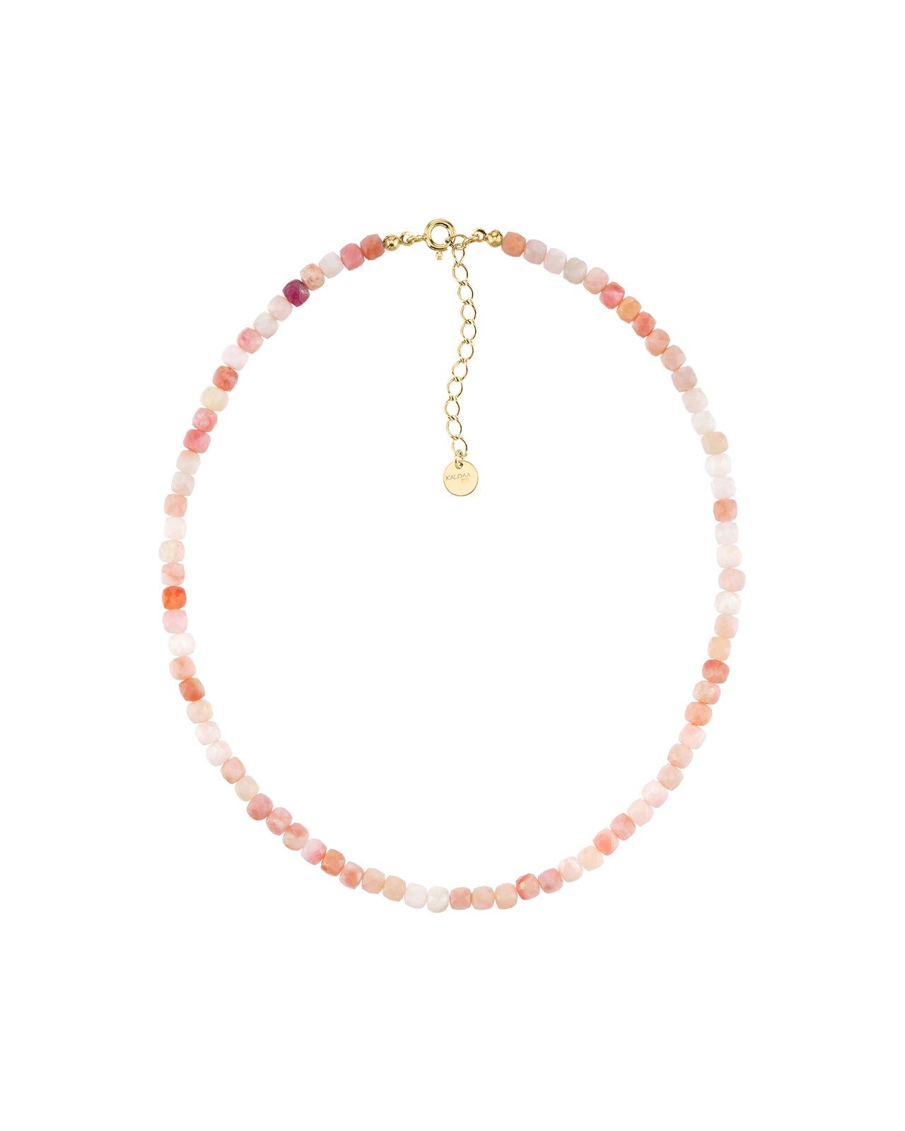 Rosa Opal Choker mit facettierten Edelsteinperlen in zarten Rosé- und Apricottönen sowie vergoldetem Verschluss und Verlängerungskettchen auf hellem Hintergrund.
